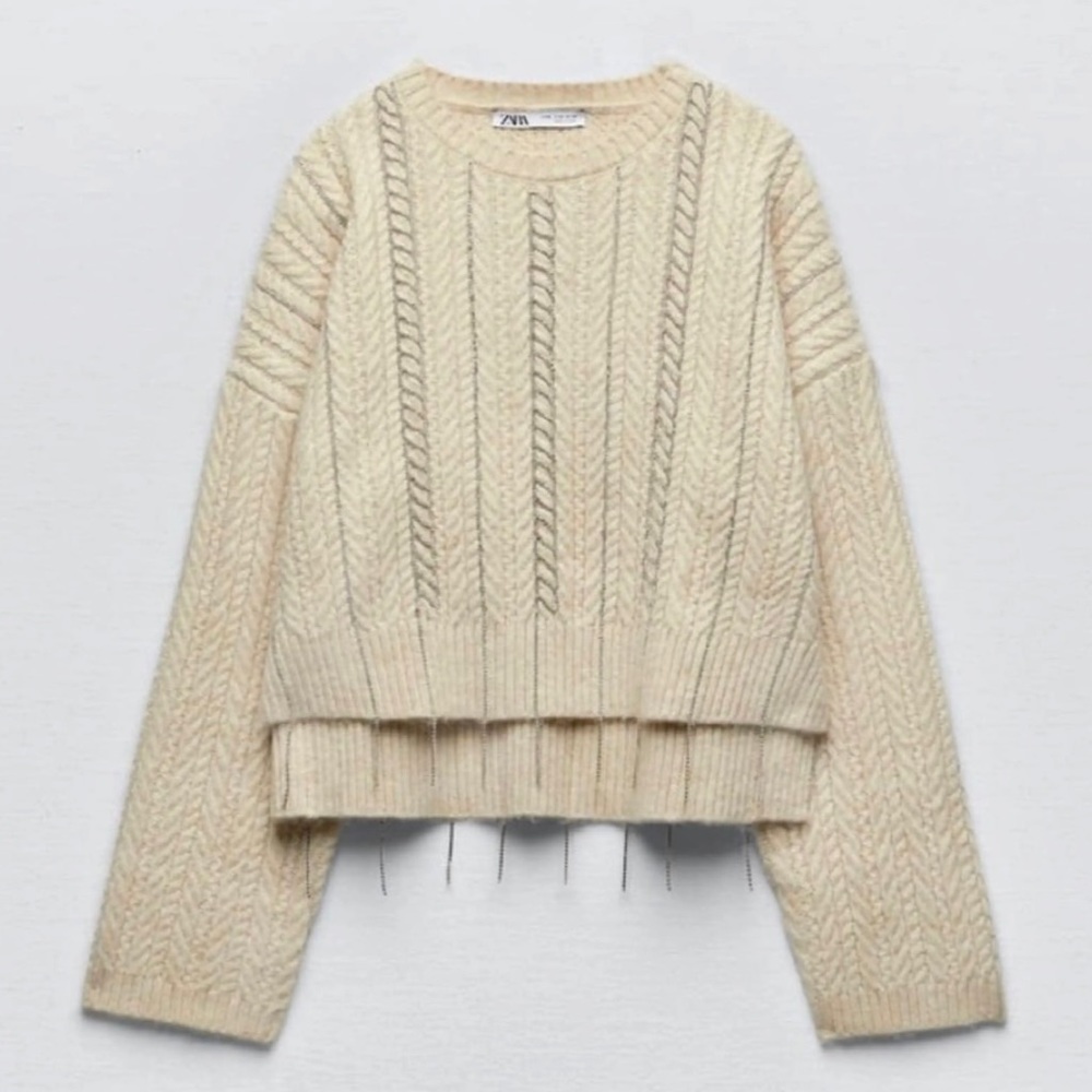 🪩 ZARA Rhinestone Embellished Jewel Openwork Knit Sweater